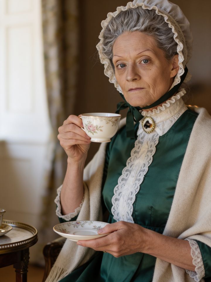Lady Honoria holding a teacup in her drawing room